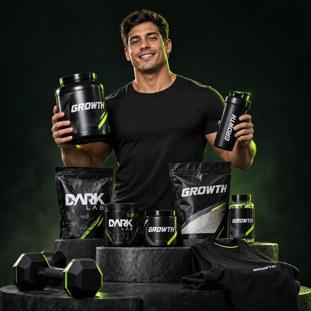 Homem atlético sorrindo, segurando um pote de whey Growth e um shaker, cercado por suplementos Growth e Dark Lab, halteres e uma regata de academia