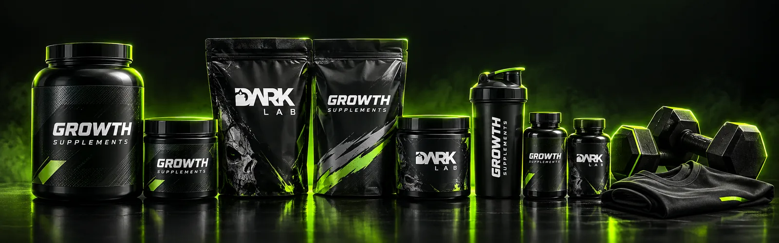 Fileira de produtos: potes e sachês de whey, creatina, hipercalórico e pré-treino da Growth e da Dark Lab, shaker, cápsulas, halteres e regata de academia